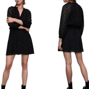 Zara Fit & Flare Mini Dress Black Velvet Floral Balloon Sleeves Size S